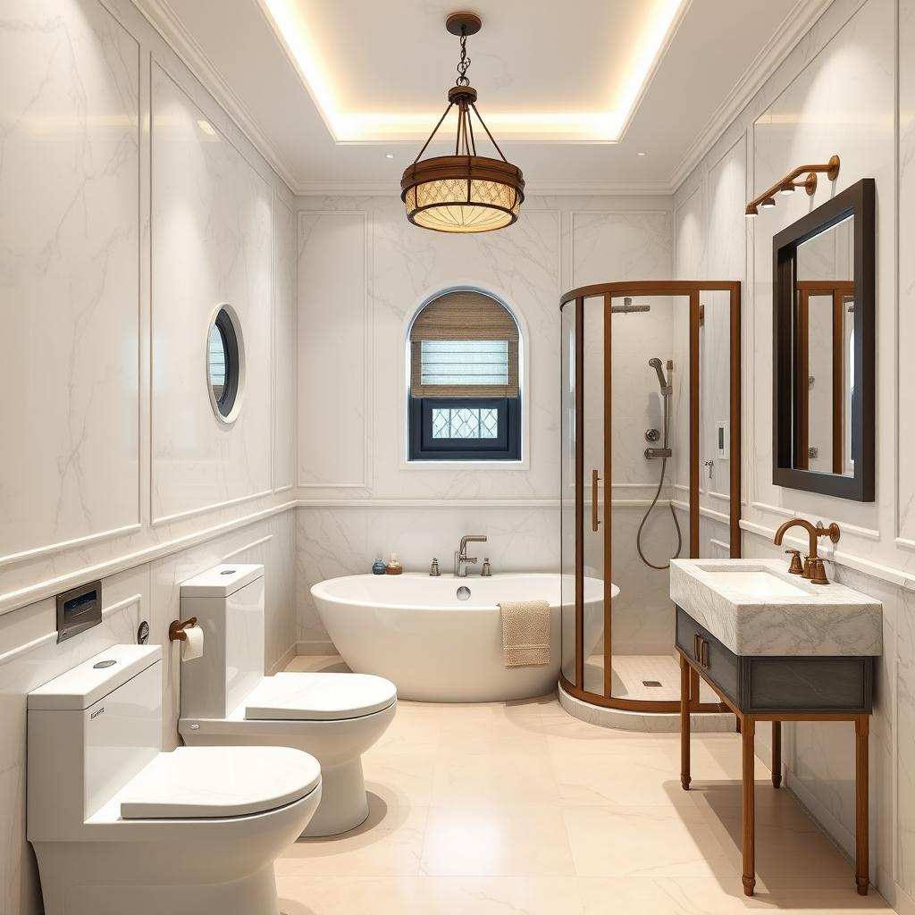 A modern luxury bathroom featuring a white marble toilet, an antique-style bronze yet modern shower cabin, and a luxurious white bathtub