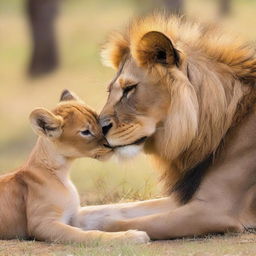 A lion tenderly embracing a fawn