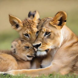 A lion tenderly embracing a fawn