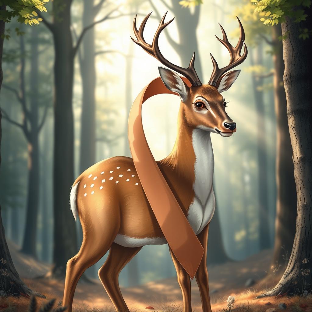 A detailed and realistic illustration of a male and female deer gracefully entwined in the shape of a cancer ribbon