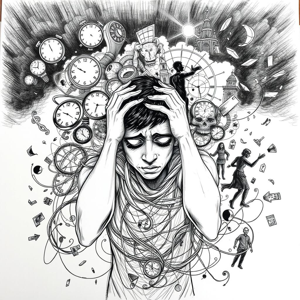 An intricate sketch depicting the theme of anxiety, portraying a figure surrounded by swirling, chaotic lines symbolizing overwhelming thoughts and stress