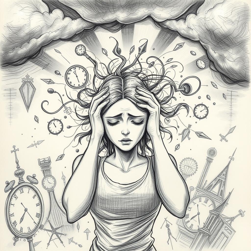 An intricate sketch depicting the theme of anxiety centered on a female figure