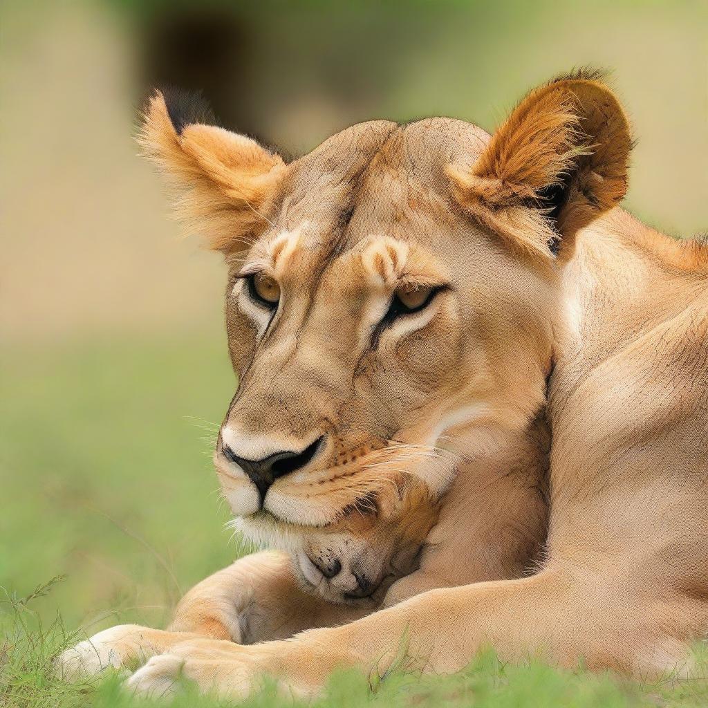 A lion tenderly embracing a fawn