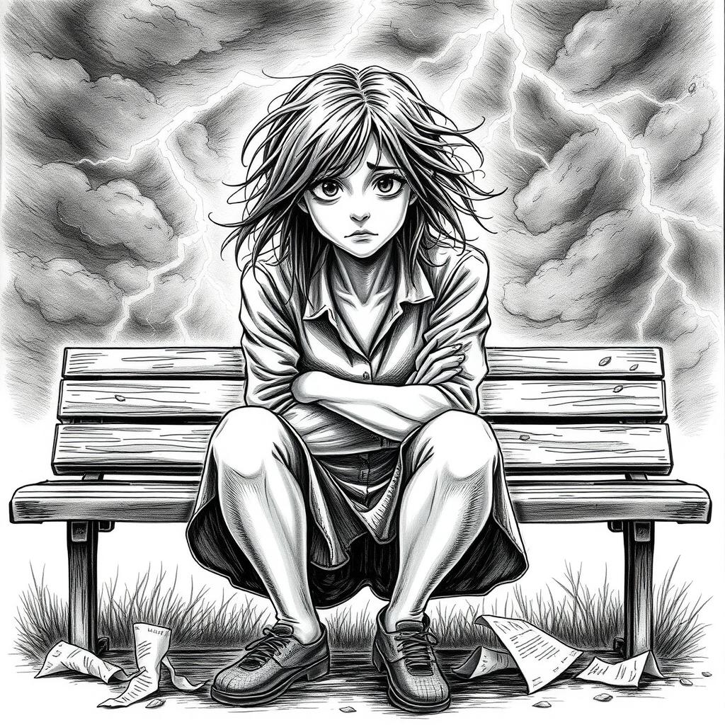 A detailed drawing of a female figure embodying the theme of anxiety