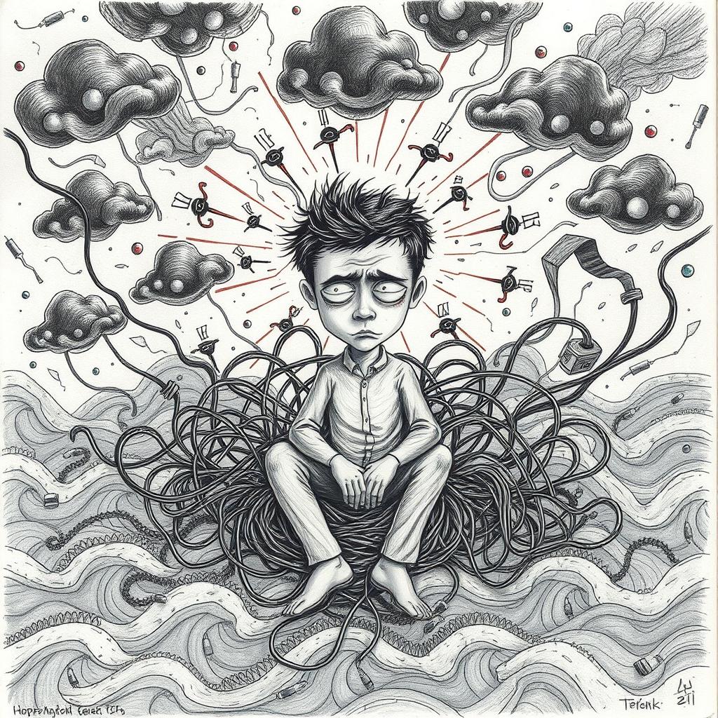 A detailed and intricate drawing that visually represents the concept of anxiety