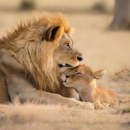 A lion tenderly embracing a fawn