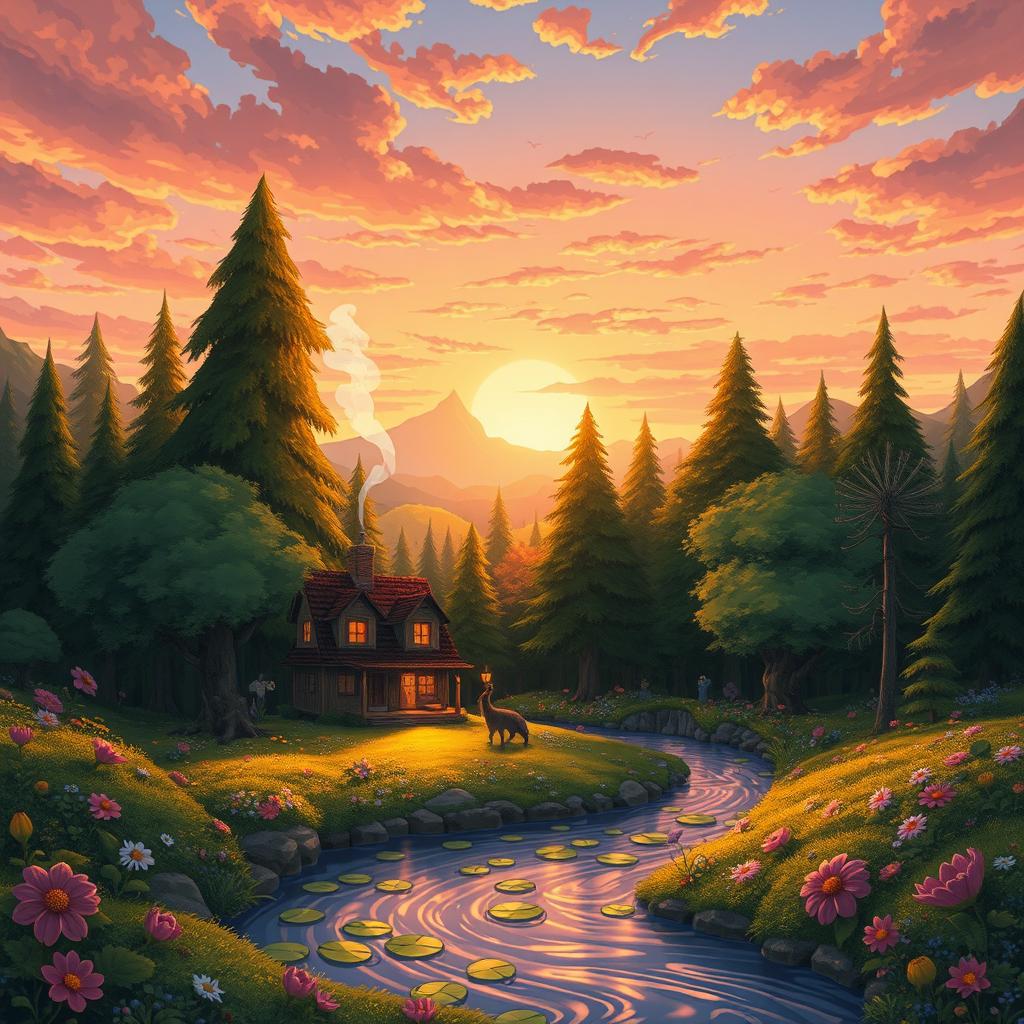 A whimsical, enchanting landscape inspired by Studio Ghibli films