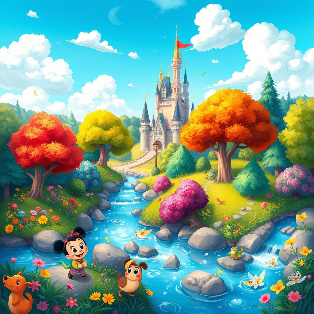 A vibrant Disney style illustration of a whimsical and magical landscape featuring colorful trees, sparkling rivers, and playful animals
