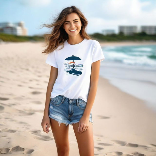 A happy girl posing on a beach wearing a professionally designed t-shirt