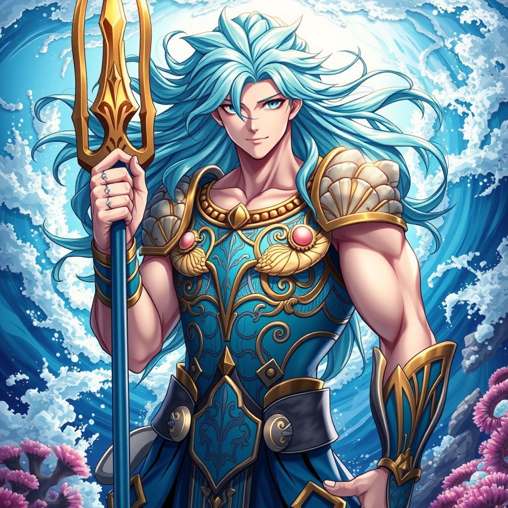 A stylized, highly detailed anime illustration of Poseidon, the Greek God of the Sea, reimagined as a strikingly handsome young man
