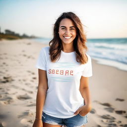 A happy girl posing on a beach wearing a professionally designed t-shirt