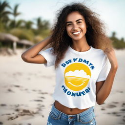 A happy girl posing on a beach wearing a professionally designed t-shirt