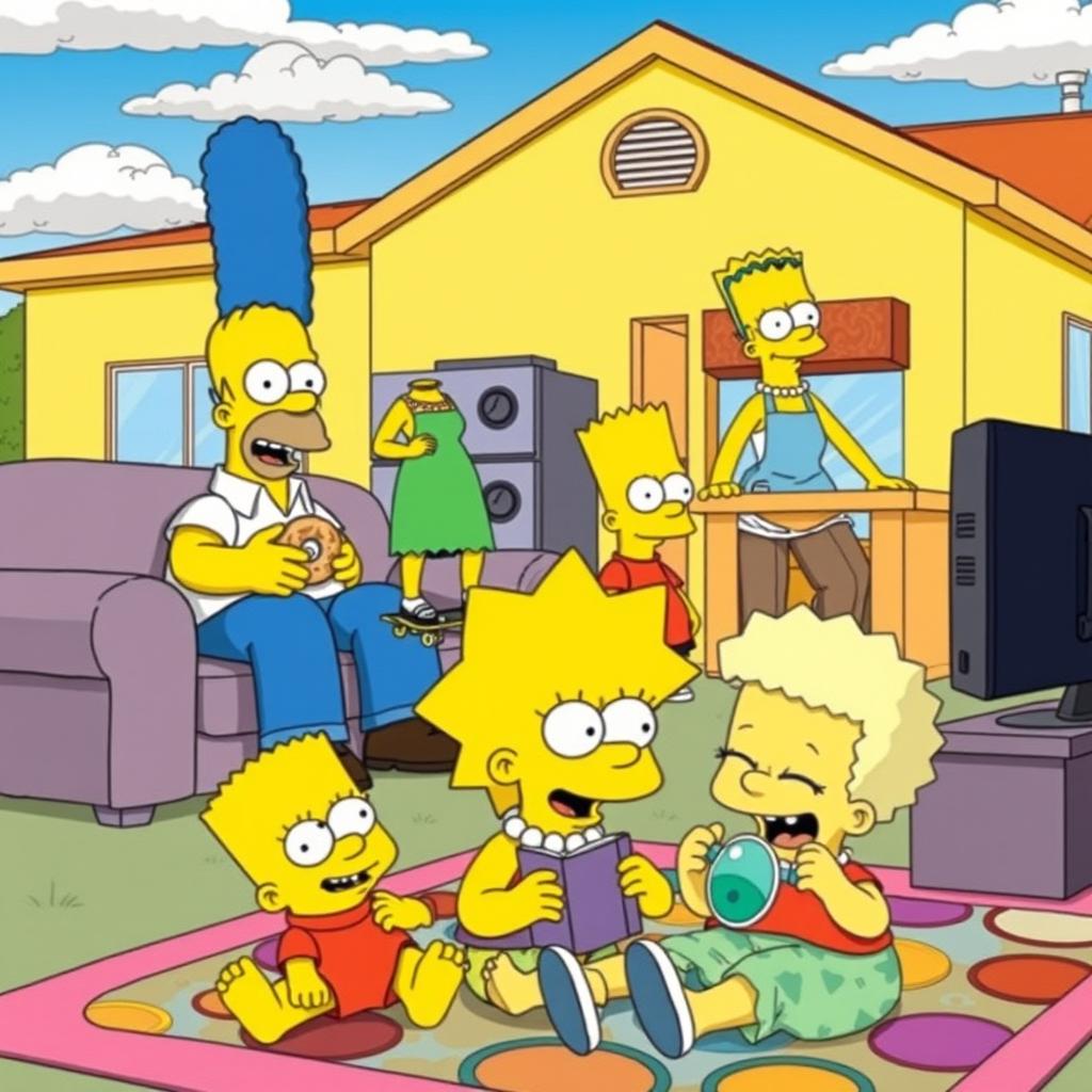A vibrant and humorous scene set in the world of The Simpsons, featuring the iconic Springfield characters in a lively setting