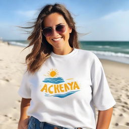 A happy girl posing on a beach wearing a professionally designed t-shirt