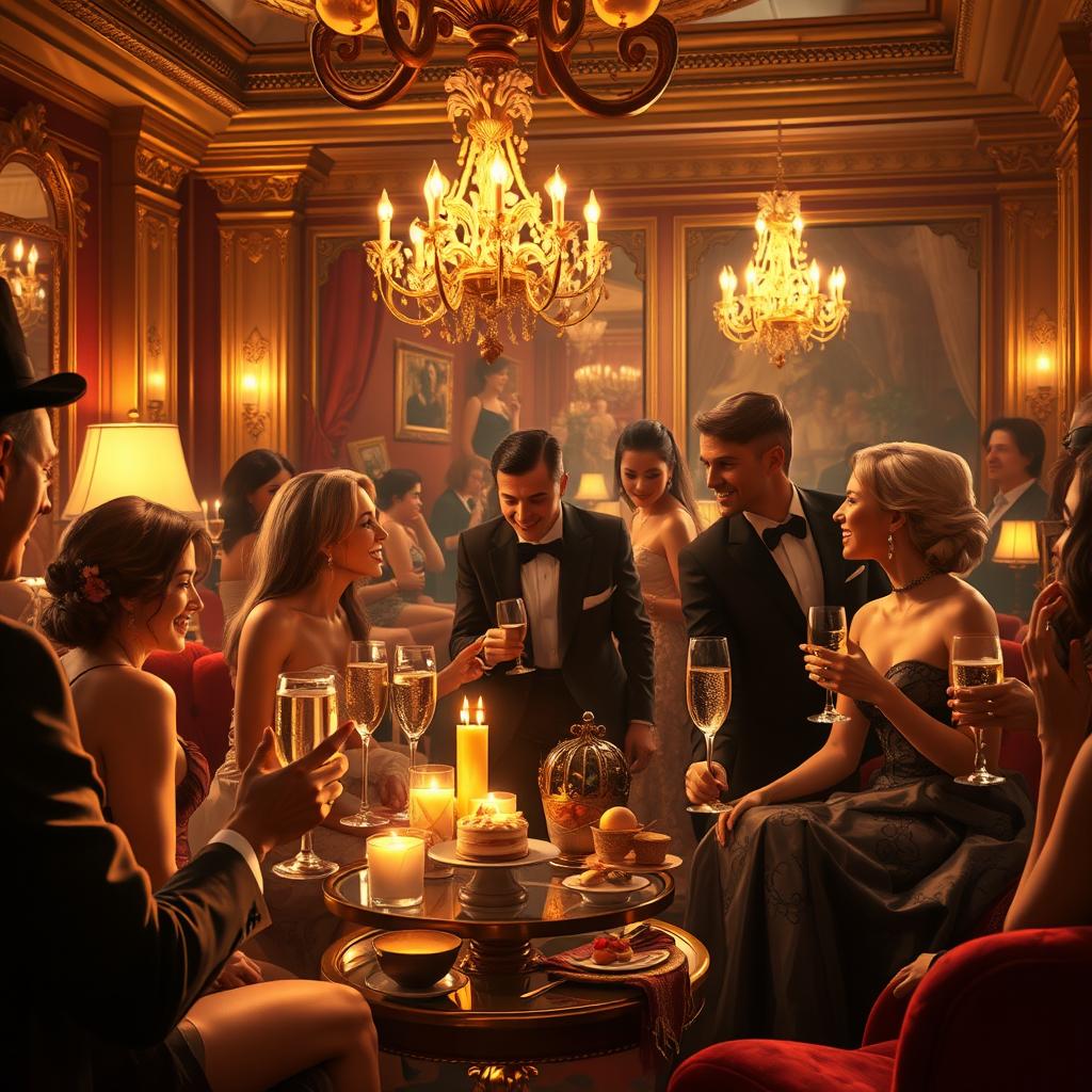 A detailed scene depicting indulgence and hedonism in a lavish, opulent setting
