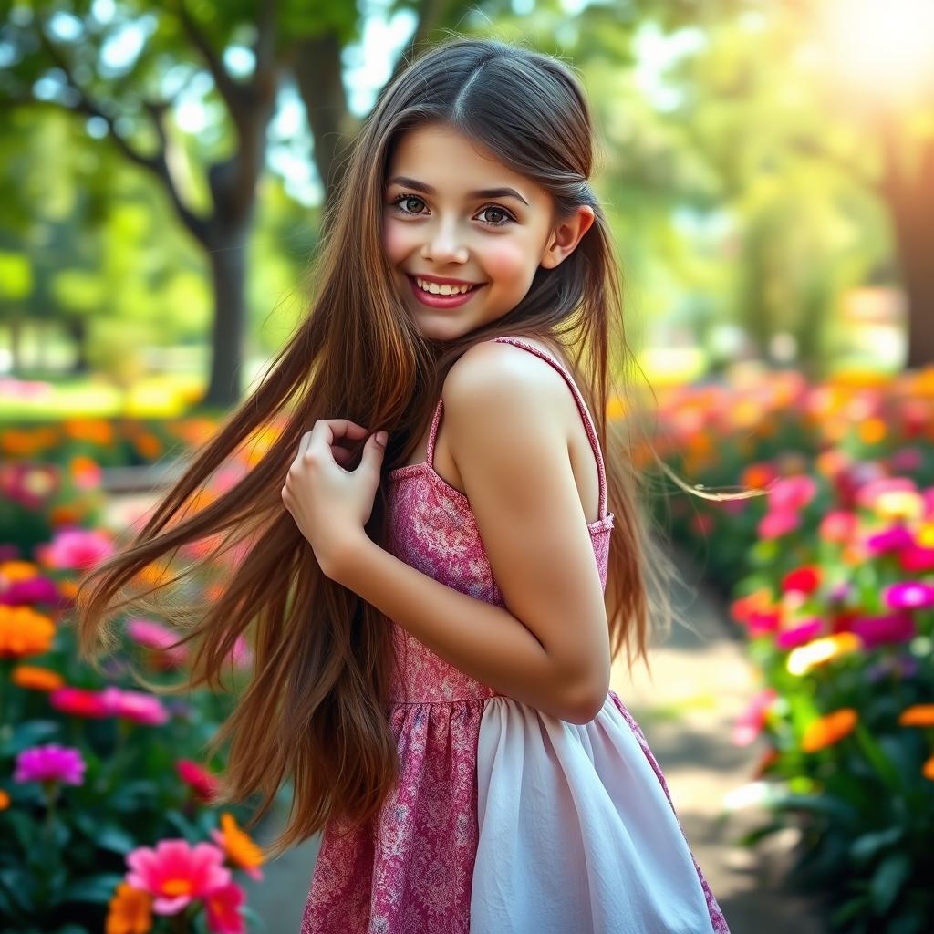 A playful and flirtatious girl with long flowing hair, wearing a stylish summer dress that sways gently in the breeze