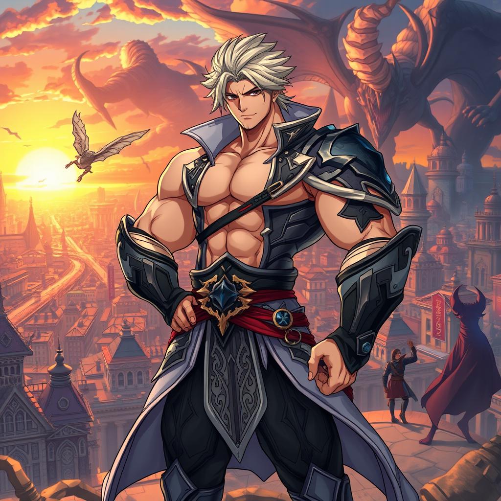 A male character inspired by the anime Solo Leveling, featuring a muscular and determined figure, wearing a stylish fantasy outfit with intricate designs