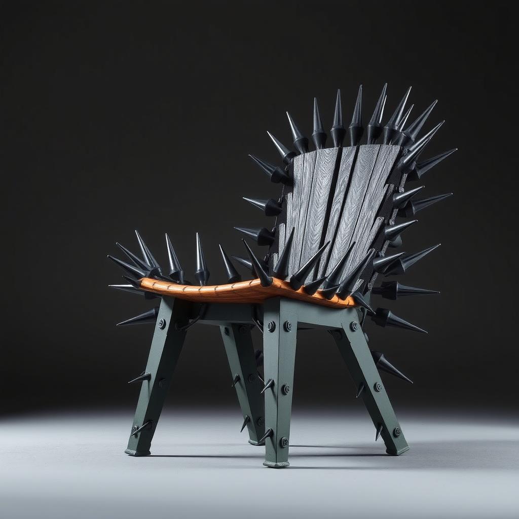 A hostile architecture chair inspired by the concept of a porcupine, featuring sharp spikes and an unconventional structure