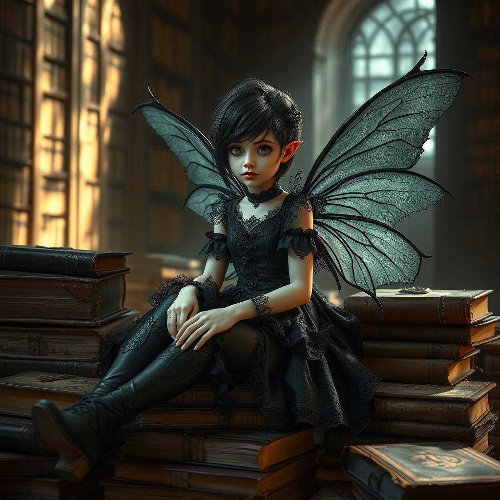 A gothic pixie with delicate wings, dressed in dark, flowing clothes adorned with lace and intricate patterns, sitting amidst a pile of ancient, leather-bound books