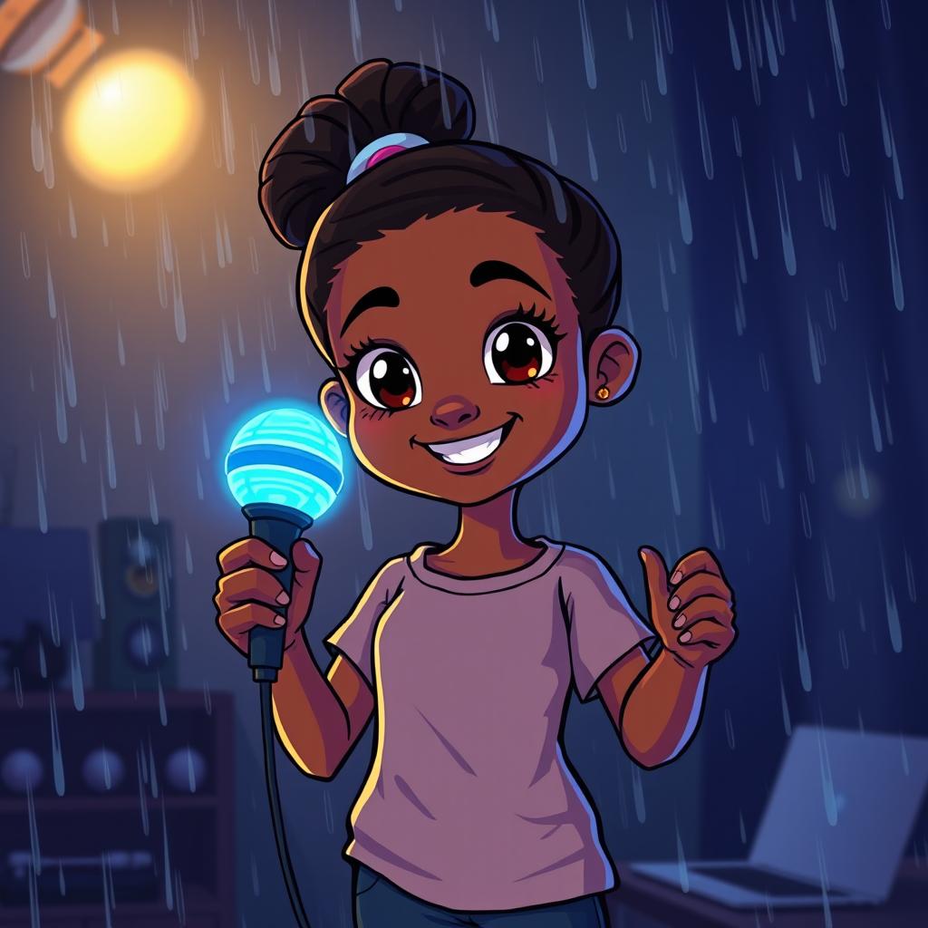 A vibrant cartoon style image featuring a young Black girl, confidently holding a blue glowing microphone, standing in a dimly lit room