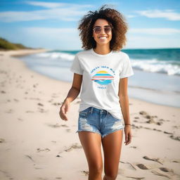 A happy girl posing on a beach wearing a professionally designed t-shirt