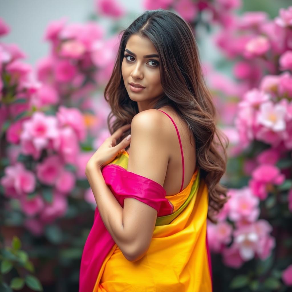 A beautiful woman in a vibrant saree is striking a captivating pose, with her hair cascading elegantly down her shoulders