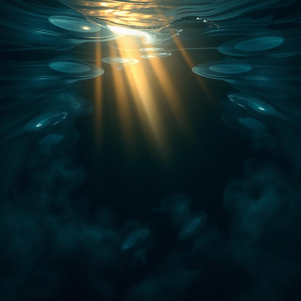 A surreal representation of light emerging from the depths of a dark ocean, symbolizing hope and inspiration amidst confusion