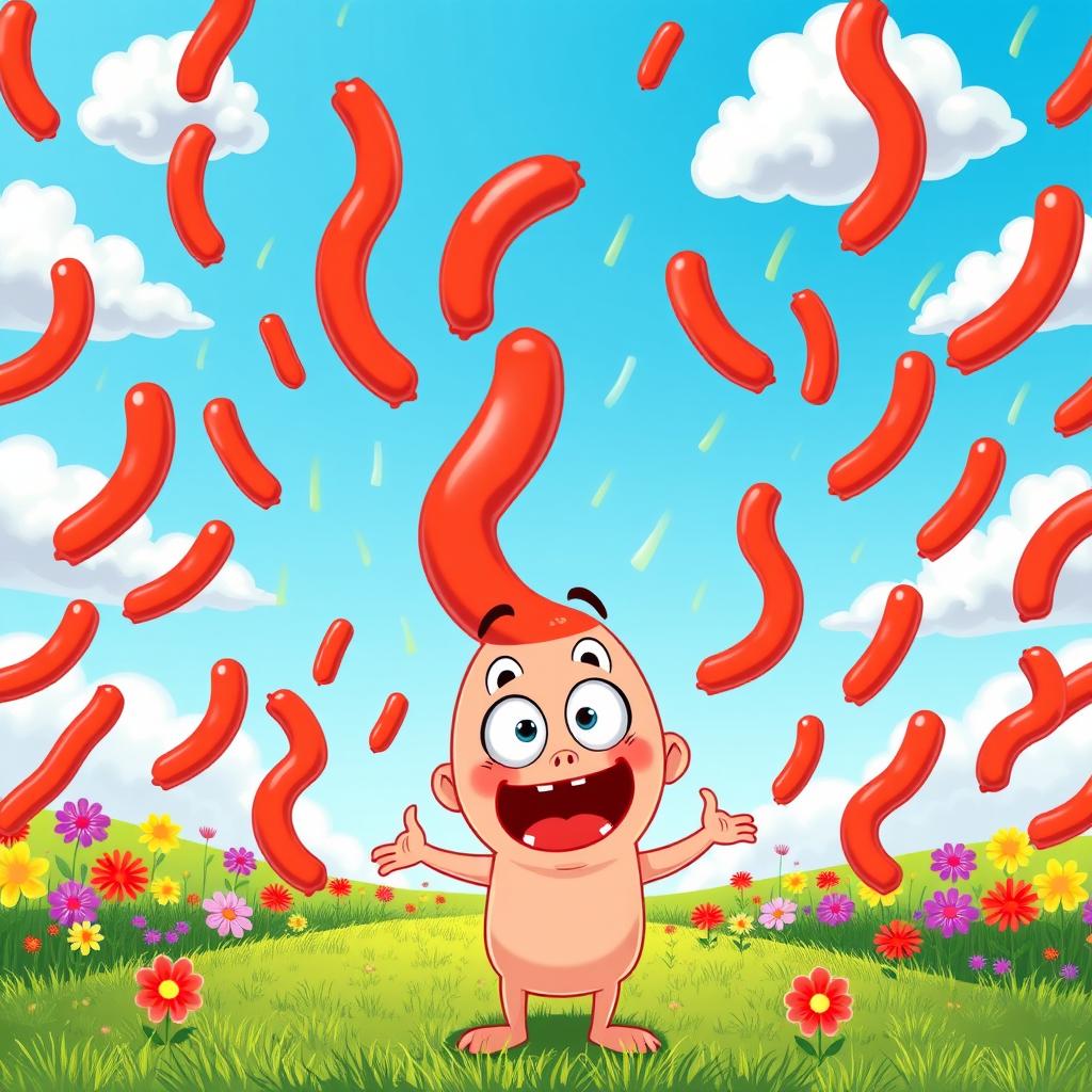 A whimsical and surreal scene of sausages raining from a bright blue sky, with fluffy white clouds scattered above