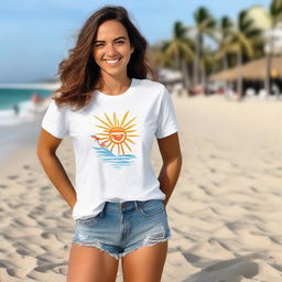 A happy girl posing on a beach wearing a professionally designed t-shirt