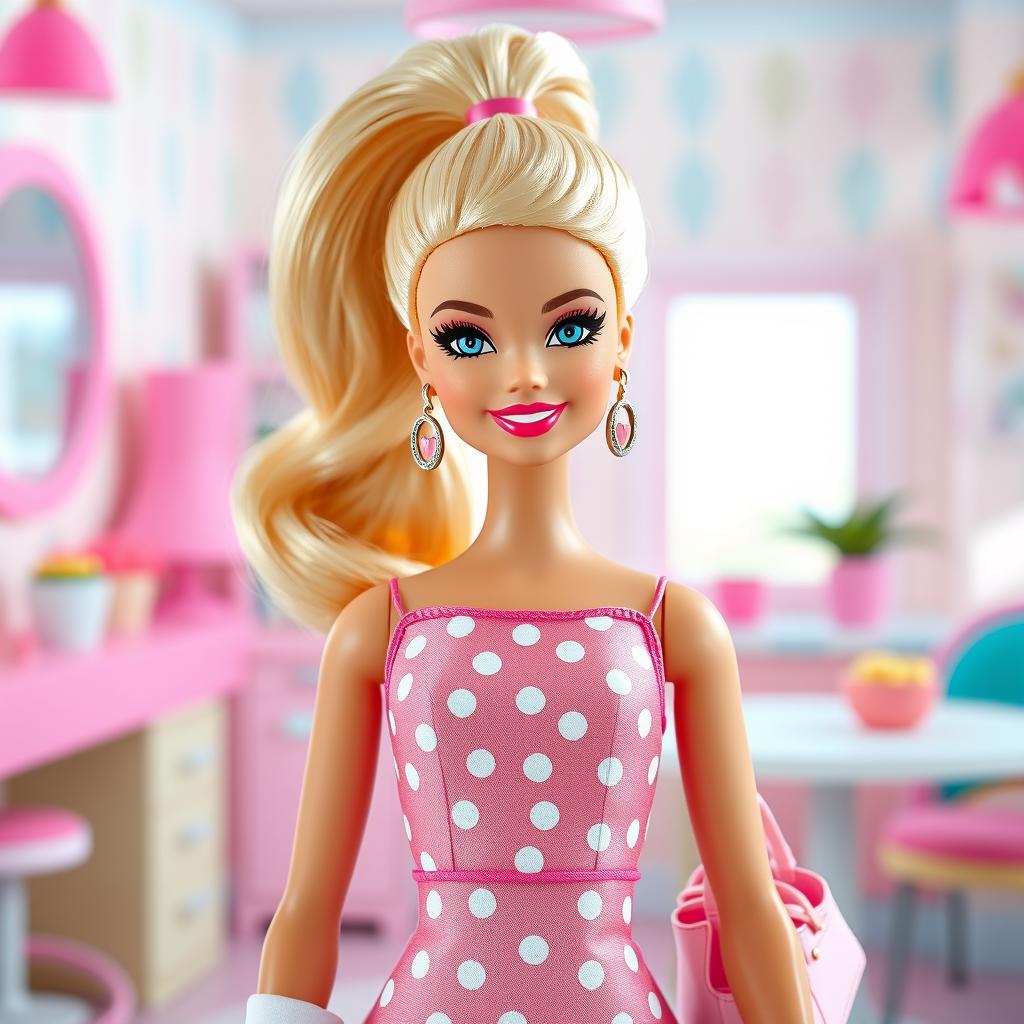 A hyper-realistic Barbie doll designed to perfectly resemble the classic Barbie character, featuring an iconic bright blonde hair styled in a high ponytail, sparkling blue eyes, and a wide smile