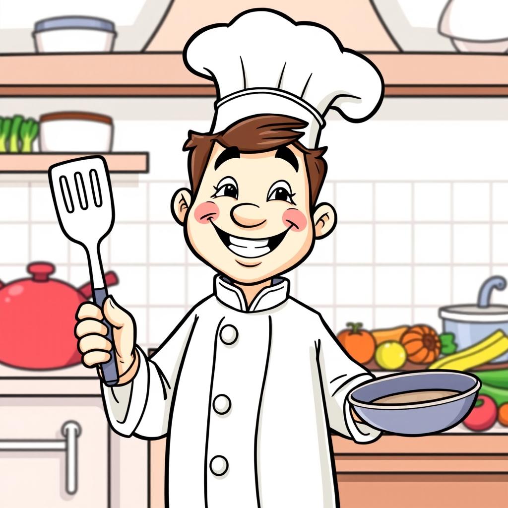 A cheerful cartoon-style chef with a big smile, wearing a traditional white chef's jacket and a tall chef hat