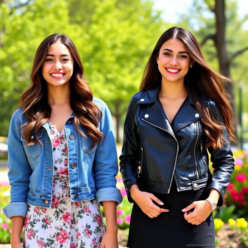 A portrait of two identical twin sisters, standing side by side with joyful expressions