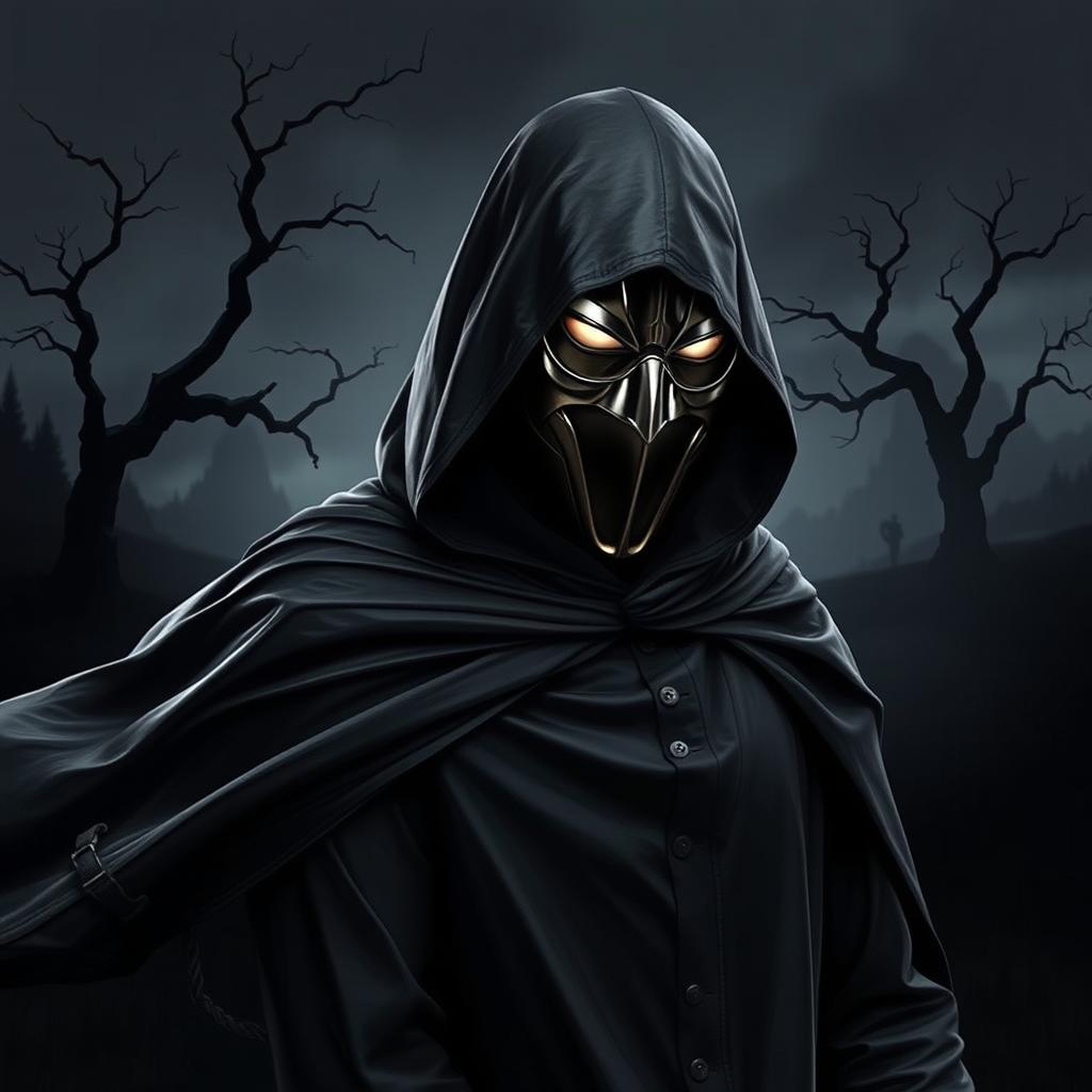A mysterious man wearing a shiny metal mask and a flowing black cloak