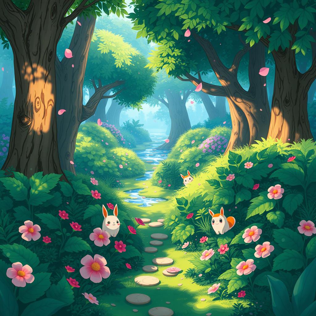 A whimsical scene depicting a lush, vibrant forest, inspired by Studio Ghibli animation style, with bright colors and a dream-like quality