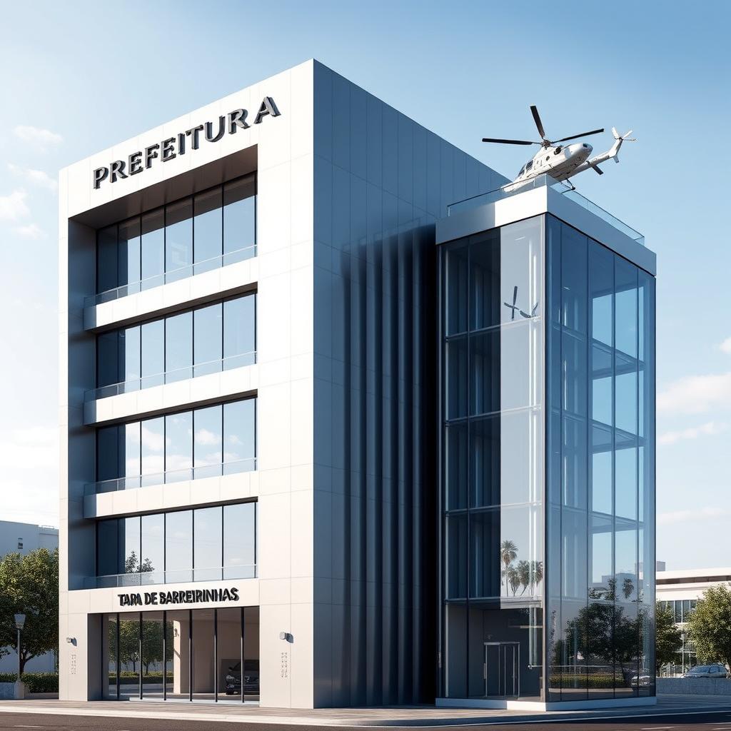 A modern five-story building named 'Prefeitura de Barreirinhas', featuring a fully mirrored front facade that reflects the surroundings