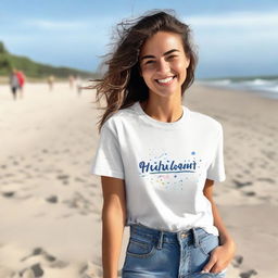 A happy girl posing on a beach wearing a professionally designed t-shirt