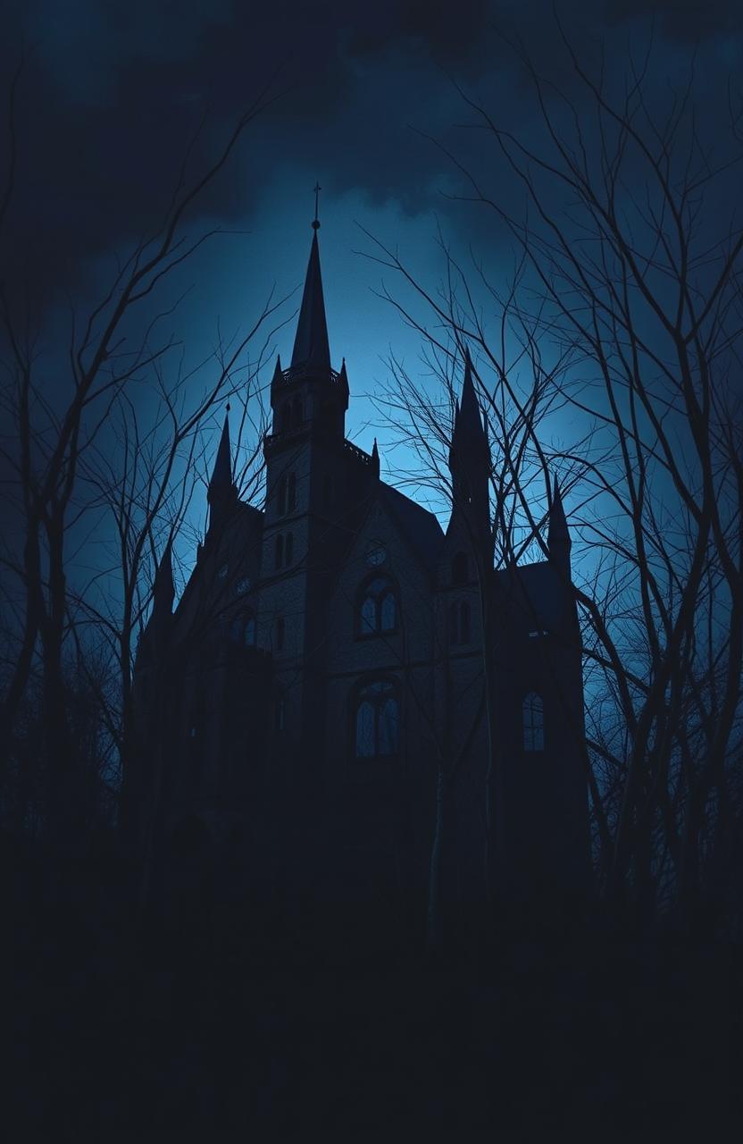 A haunted castle surrounded by thin, dark, leafless trees