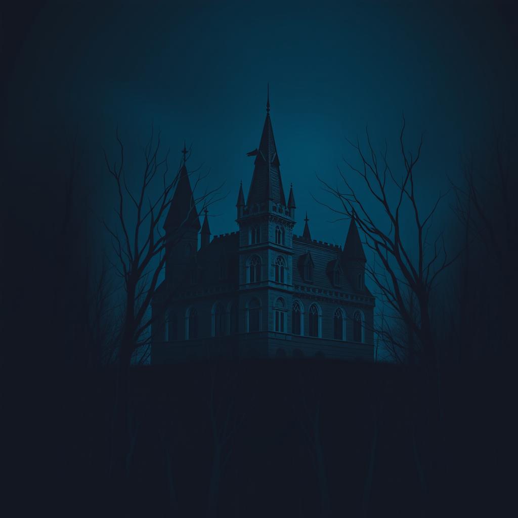 A haunted castle surrounded by thin, dark, leafless trees