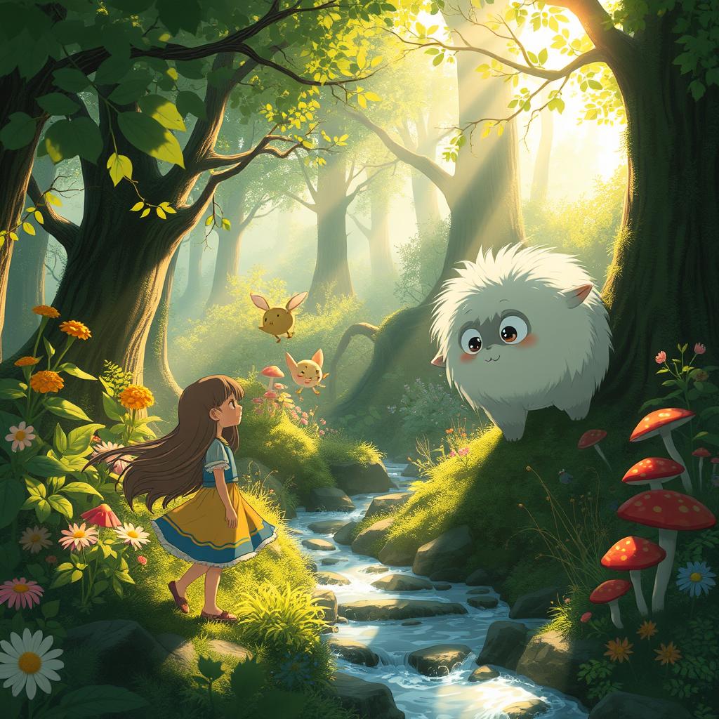 A magical forest scene inspired by Studio Ghibli, featuring lush greenery, fantastical plant life, and whimsical creatures playing among the trees