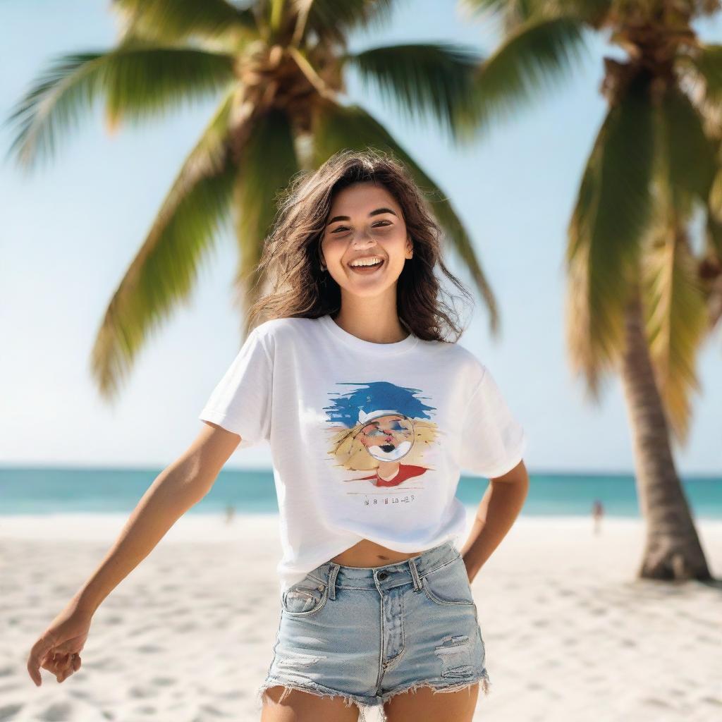 A joyful girl posing on a palm-fringed beach, wearing a professionally designed t-shirt