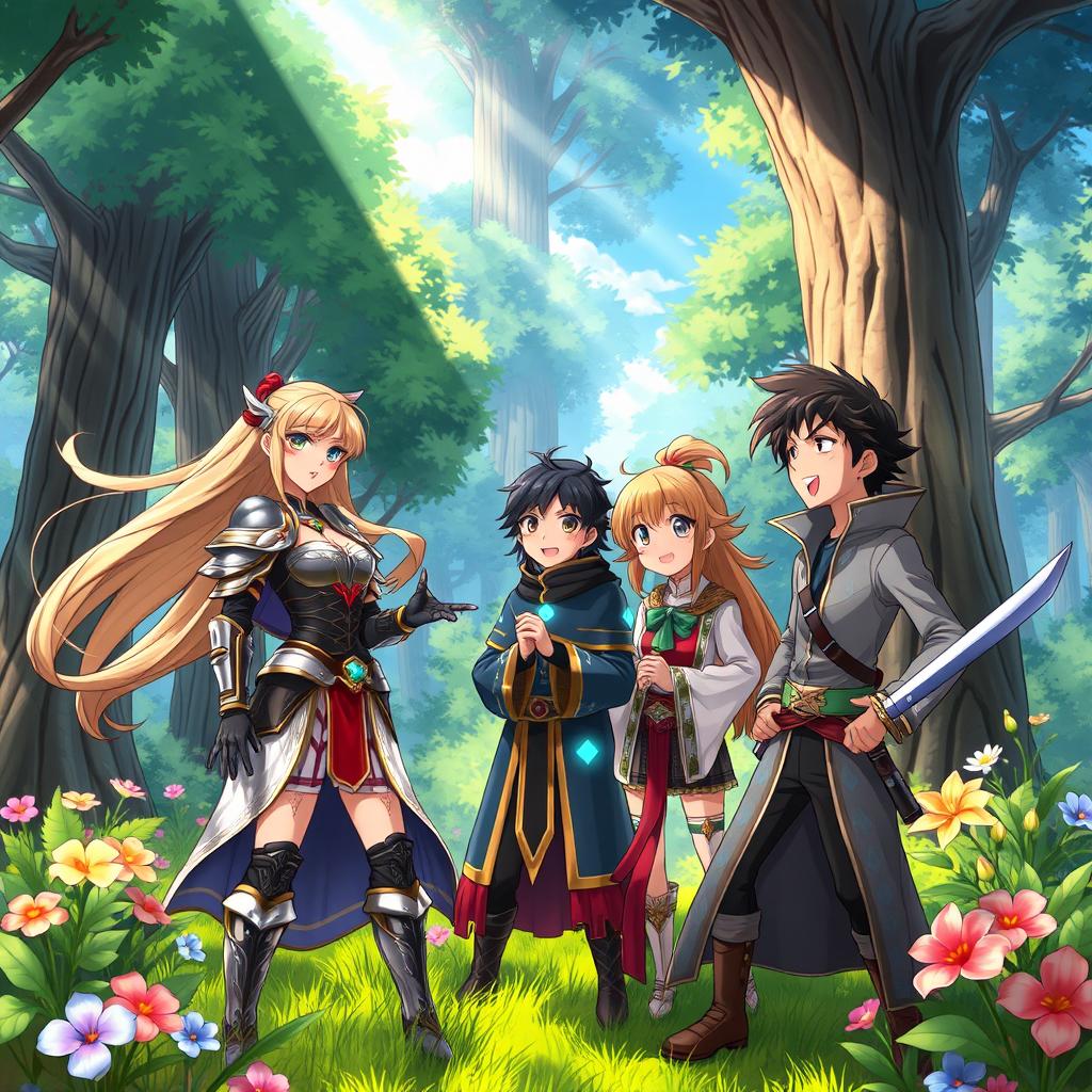 A vibrant anime scene featuring a group of adventurers in a lush fantasy forest