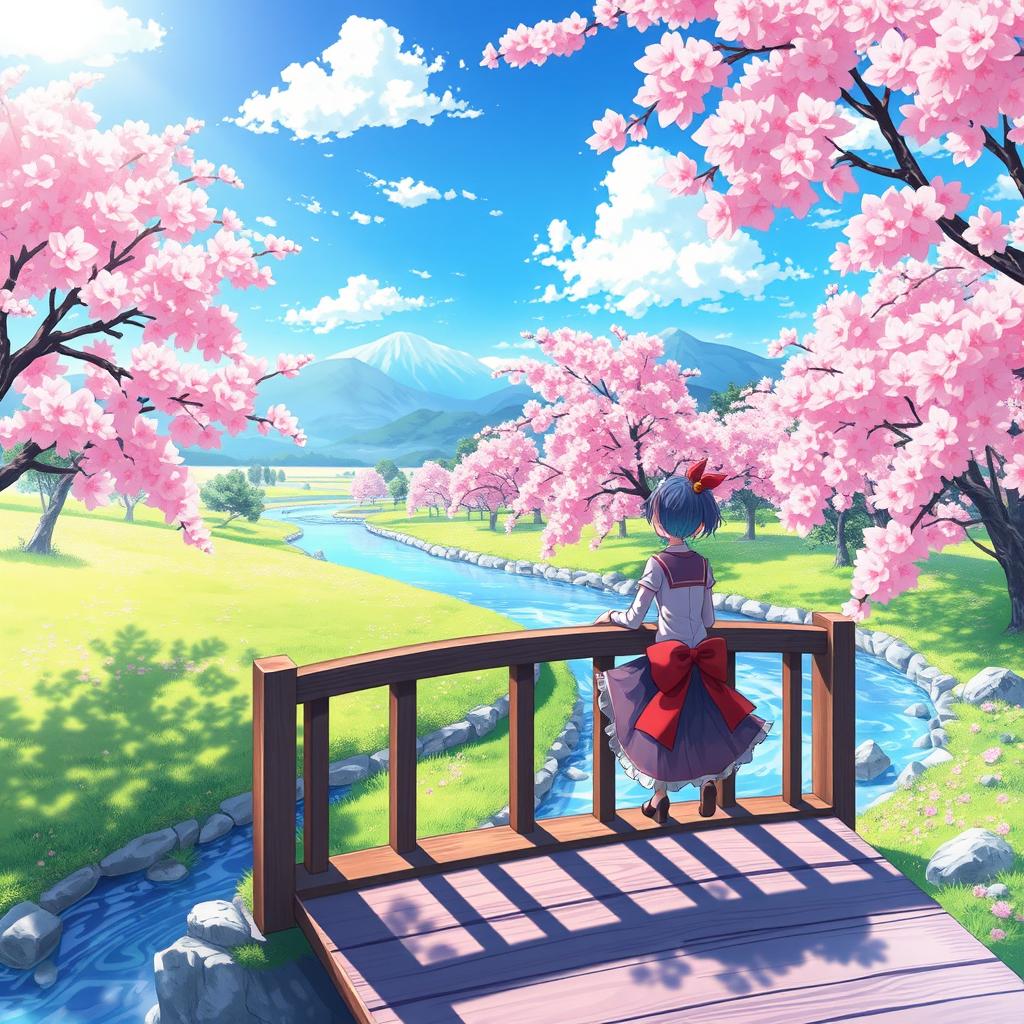 An anime-style illustration of a vibrant landscape featuring cherry blossom trees in full bloom, a picturesque river flowing gently through the scene, and distant mountains under a bright blue sky