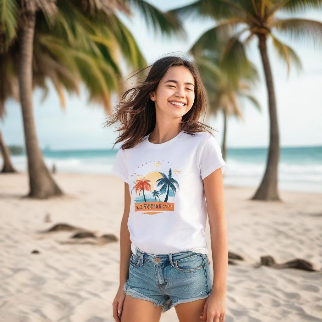 A joyful girl posing on a palm-fringed beach, wearing a professionally designed t-shirt