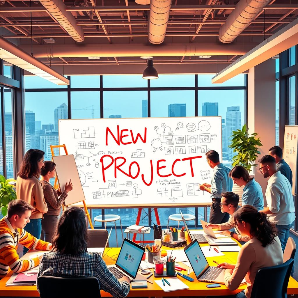 A dynamic and visually striking representation of a 'new project' concept, featuring a bustling creative workspace filled with diverse individuals collaborating on innovative ideas