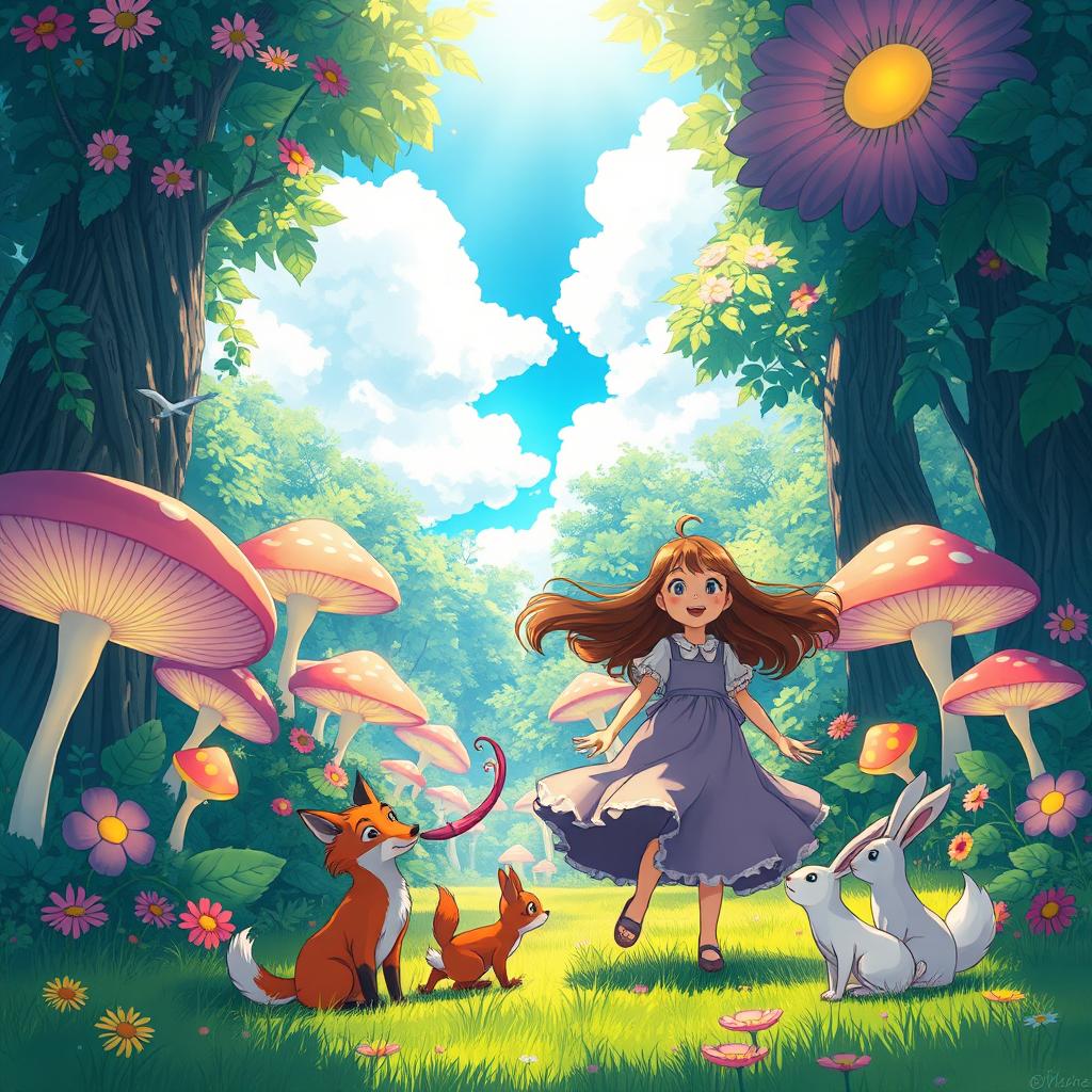 A whimsical and enchanting scene in the style of Studio Ghibli, featuring a lush, vibrant forest with oversized, colorful flowers and softly glowing mushrooms