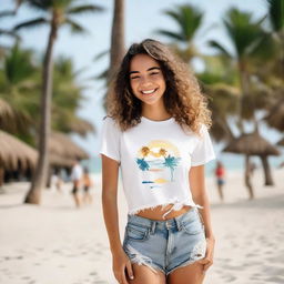 A joyful girl posing on a palm-fringed beach, wearing a professionally designed t-shirt