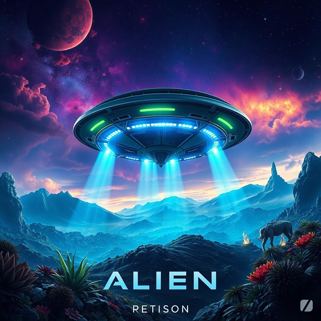 A stunning movie poster depicting an alien spaceship landing on a mysterious planet