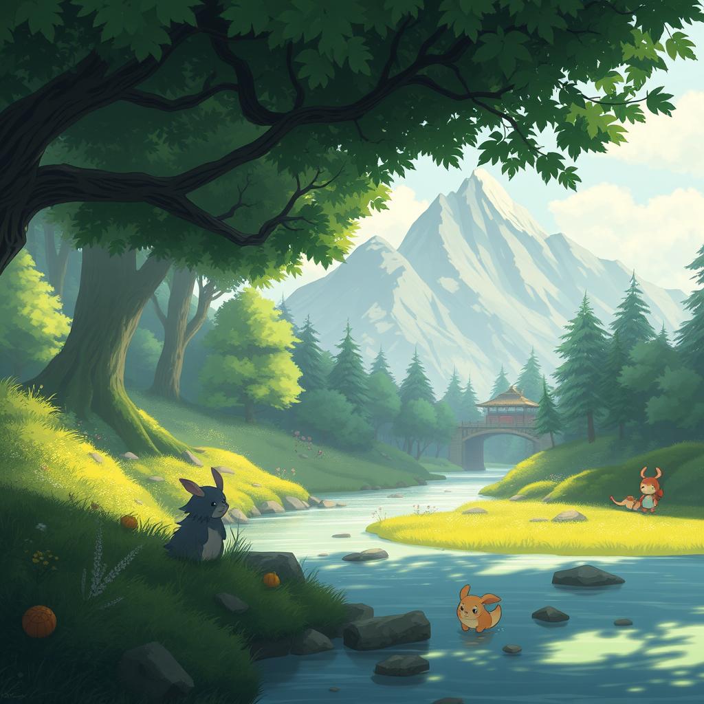 A whimsical forest scene in the style of Studio Ghibli, featuring lush, vibrant greenery and fantastical creatures