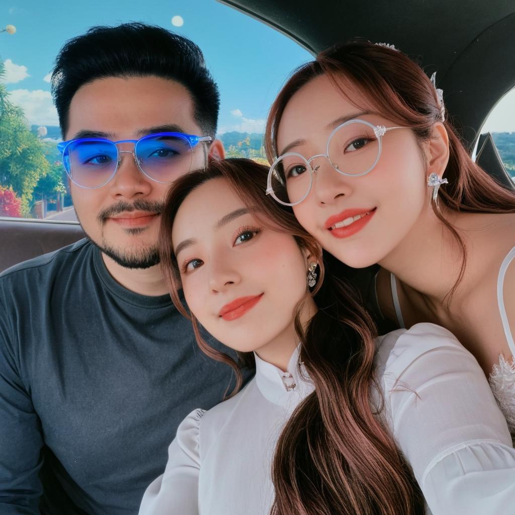 Re imagine this picture with an anime style, specifically studio Ghibli style and: married, her with a white dress, him with a blue suit