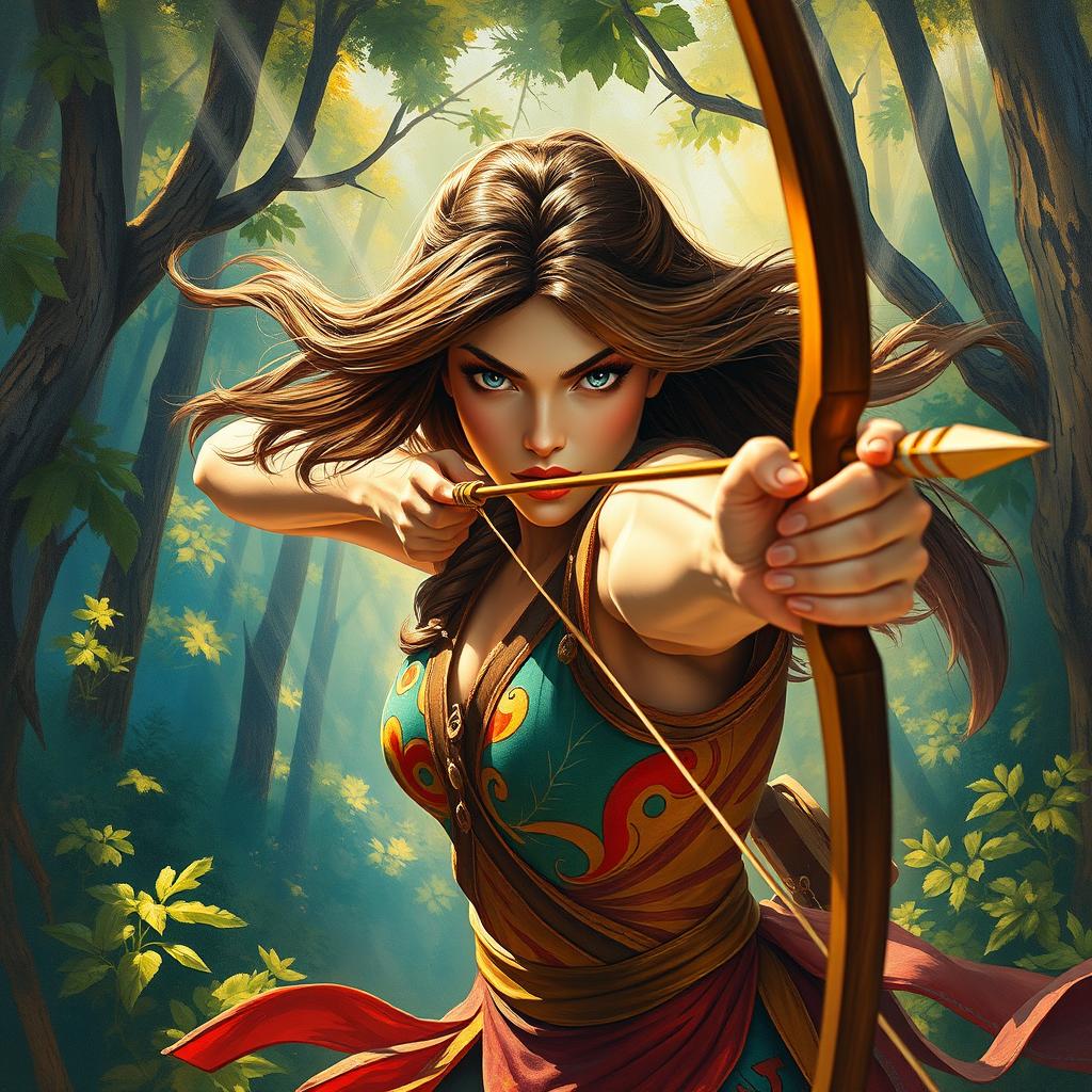 A dynamic and captivating painting featuring a woman in a vibrant outfit, confidently aiming a bow and arrow directly towards the viewer, creating the illusion of breaking the fourth wall